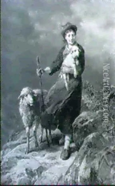 Kleine Schaferin, Ein Lammchen Tragend, Neben Ihr Das       Muttertier, Auf Schmalem Pfad Im Hochgebirge Oil Painting - Wilhelm Marc
