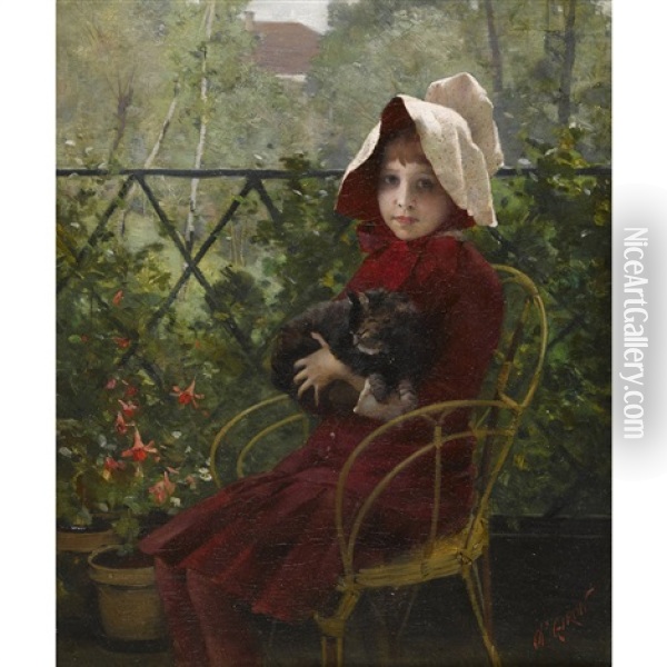 Jeune Fille En Rouge Avec Chat Oil Painting - Charles Giron