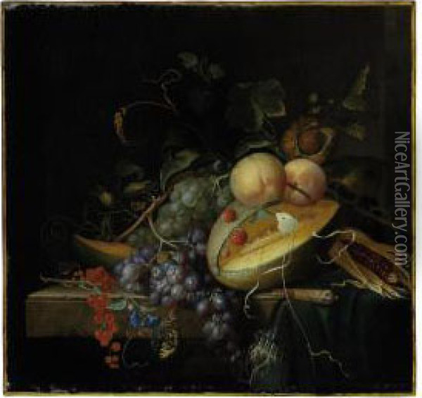 A Melon, Nuts And Corn On A Stone Ledge With Butterflies Oil Painting - Jacob van Walscapelle