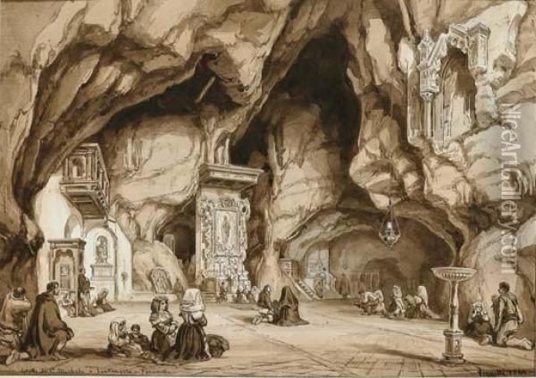 La Grotta Di San Michele A Sant'angelo Fasanella. Oil Painting - Achille Vianelli