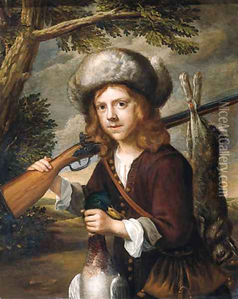 A portrait of a youth, standing three quarter length in a landscape, holding a dead duck and a rifle Oil Painting - Govaert Flinck
