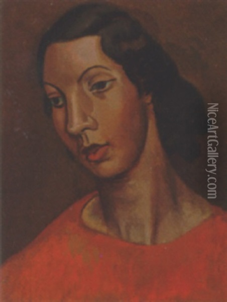 Zita In A Red Dress Oil Painting - Bernard Meninsky