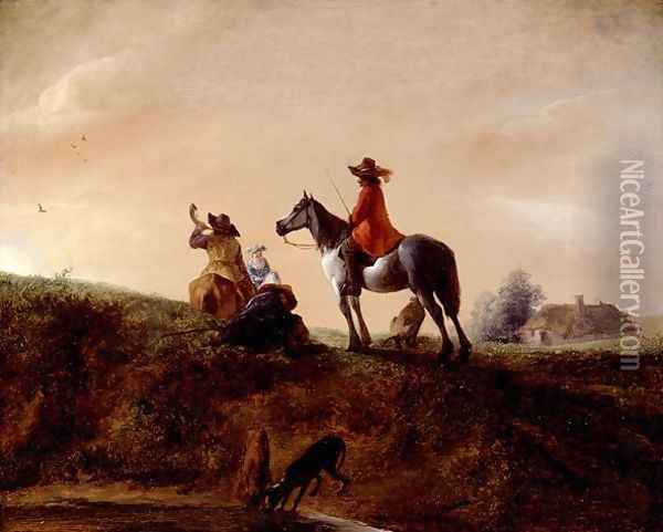Horseman in a red jacket on a Grey Oil Painting - Philips Wouwerman