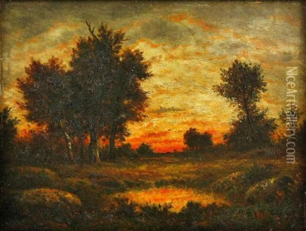 Coucher Du Soleil Dans Le Paysage A Barbizon Oil Painting - Theodore Rousseau