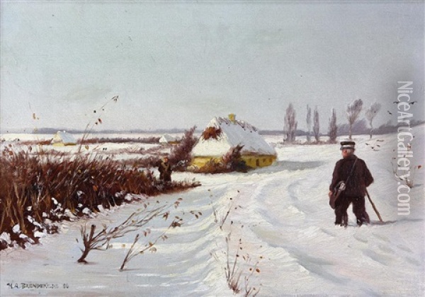 Postbud I Sneen (mailman In The Snow), 1886 Oil Painting - Hans Andersen Brendekilde