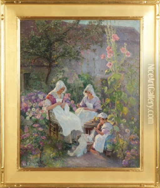 Women & Child Sewing In Flower Garden Oil Painting - Edward Selmar Siebert