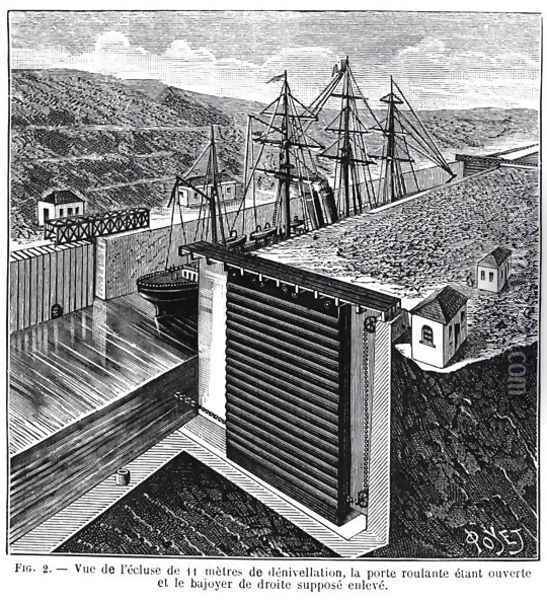 Designs by Gustave Eiffel 1832-1923 for locks in the Panama Canal, illustration from the magazine Le Genie Civil, 1888 Oil Painting - Louis Poyet