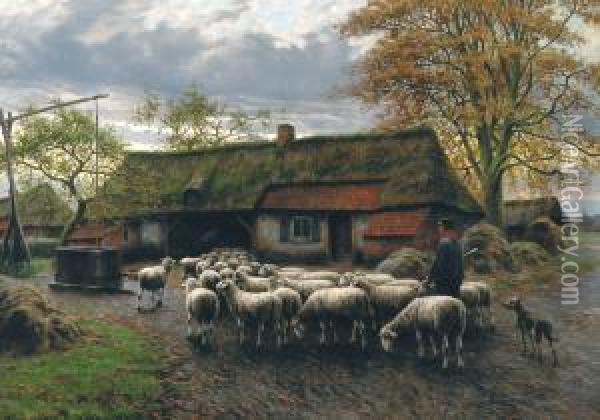 Shepherd With Herdnear The Stables Oil Painting - Henri Houben
