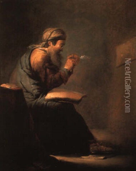 A Seated Scribe Sharpening His Quill Oil Painting - Benjamin Gerritsz Cuyp
