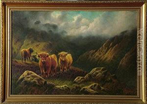 Highland Cattle Above A Misty Glen Oil Painting - William Perring Hollyer