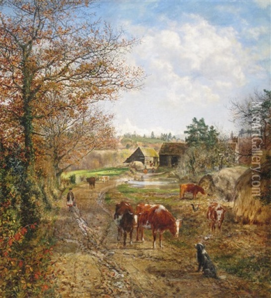 A Milkmaid And Cattle On A Track, A Farm Beyond Oil Painting - George William Mote