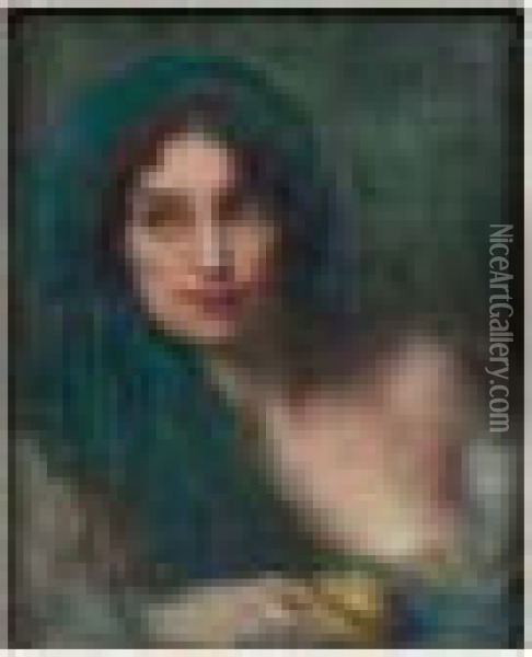 Femme Au Foulard Bleu Et Au Citron Oil Painting - Edmond Aman-Jean