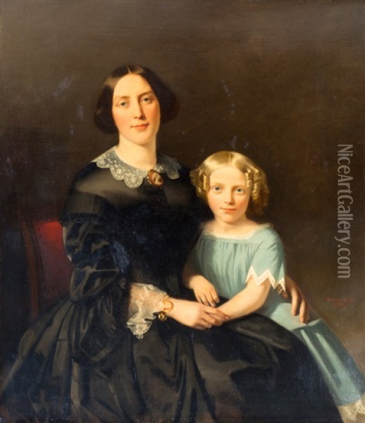 Portret Van Margaretha Fuchs (paramaribo 21 Juli 1819 - Bonn A/r. 26 Aug. 1899) Met Haar Dochter Sabina (amsterdam 29 April 1849 - Bonn 15 Sept. 1924) Oil Painting - Johann George Schwartze