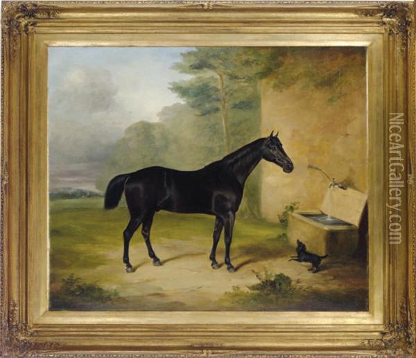 A Black Horse And Dog By The Water Trough Oil Painting - Benjamin Herring, Jnr.