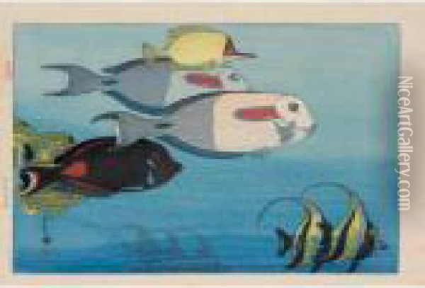 Suizokukan (the Honolulu 
Aquarium); Chugoku No Komachi (small Town In Chugoku); Udaipuru No 
Shimagoten (island Palaces In Udaipur) Oil Painting - Hiroshi Yoshida