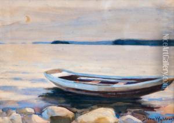 An Old Boat On The Shore Oil Painting - Dora Wahlroos
