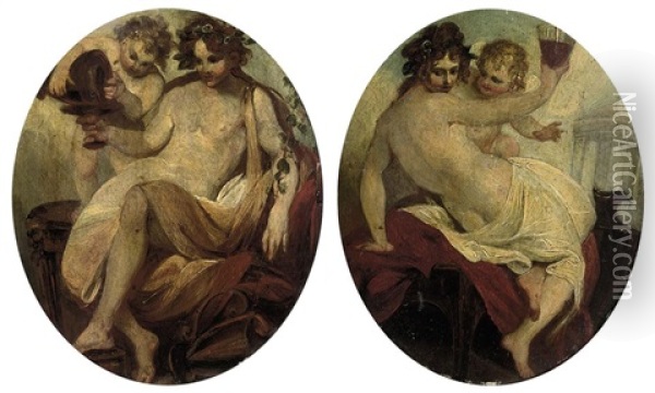 A Bacchante With An Amorino (+ A Bacchante With A Putto; Pair) Oil Painting - Angelika Kauffmann