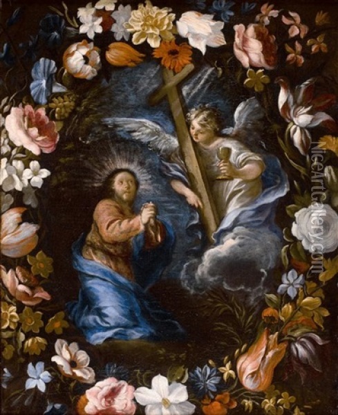 Le Christ Au Jardin Des Oliviers Dans Une Guirlande De Fleurs Oil Painting - Alonso Cano