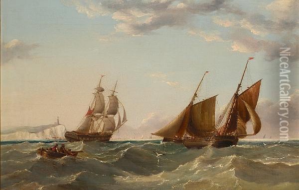 A Merchant Brig Running Up The 
East Coast Past Flamborough Head; A Three-masted Merchantman Off The 
Channel Coast, With A Dutch Hoy Heading Inshore Oil Painting - Henry Redmore