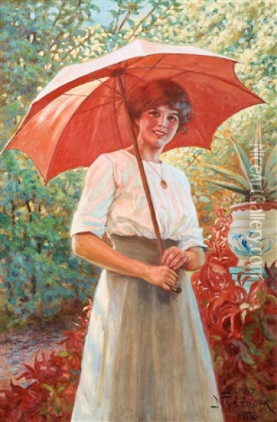 Det Roda Parasollet (the Red Parasol) Oil Painting - Jenny Nystroem