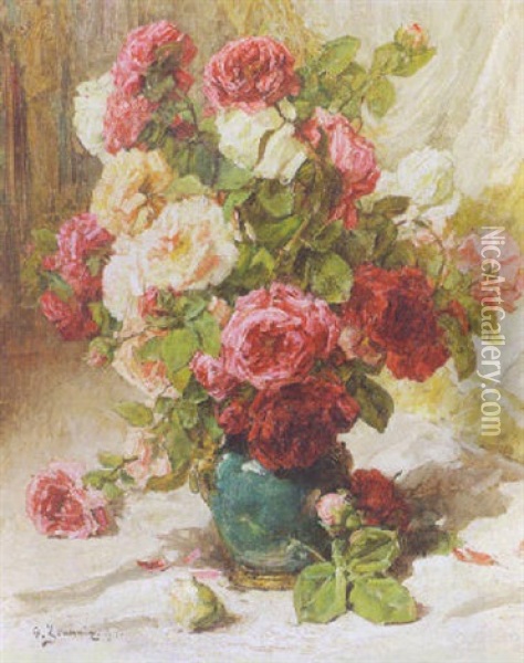 A Vase Of Red And White Roses Oil Painting - Georges Jeannin