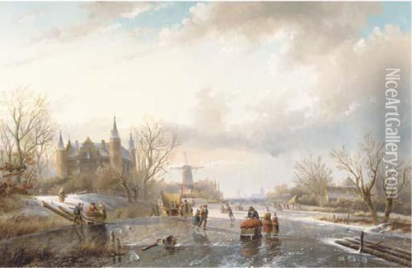 Skaters And Figures By A Koek En Zopie On A Sunny Day Oil Painting - Jan Jacob Coenraad Spohler