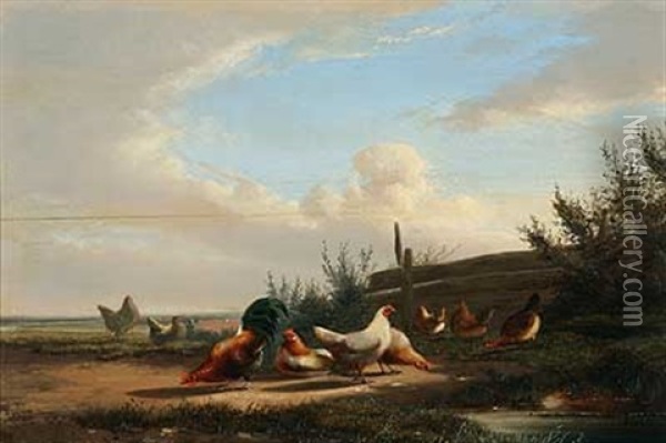 Hahn Und Acht Huhner An Einem Sommertag Oil Painting - Cornelis van Leemputten