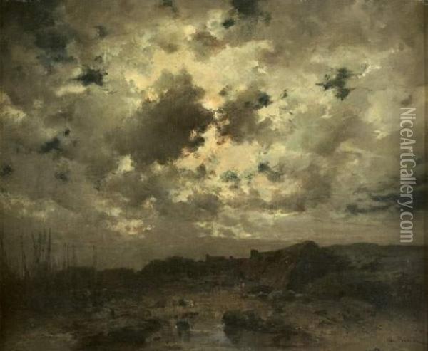 Le Passage De Lauriec Pres De Concarneau, Effet De Lune Oil Painting - Leon Germain Pelouse