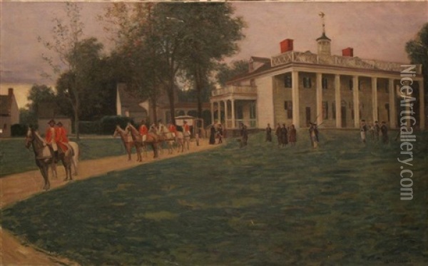 Mount Vernon - General Washington Departs From The East Front, Riverside Oil Painting - Arthur Merton Hazard