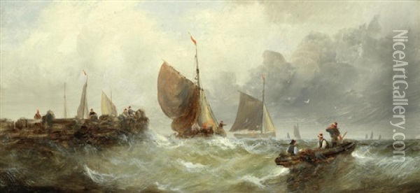 Shipping In Rough Waters Off A Jetty Oil Painting - William (Anslow) Thornley