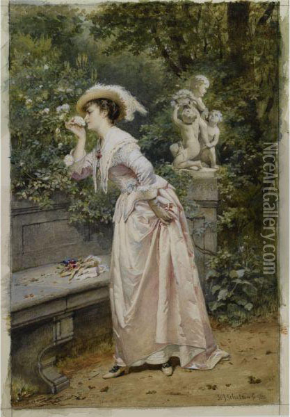 An Elegant Lady Smelling Roses Oil Painting - Hendrik Jacobus Scholten