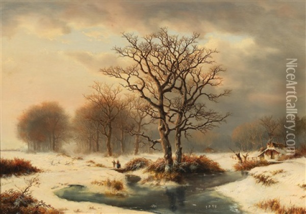 Winter Landscape With Brushwood Gatherer Oil Painting - Willem Bodemann