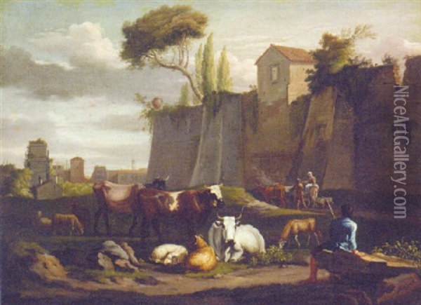 A Drover With Cattle And Sheep Before A Walled Town Oil Painting - Hendrick Mommers