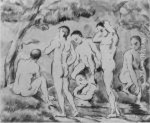 Small Bathers (venturi 1156) Oil Painting - Paul Cezanne