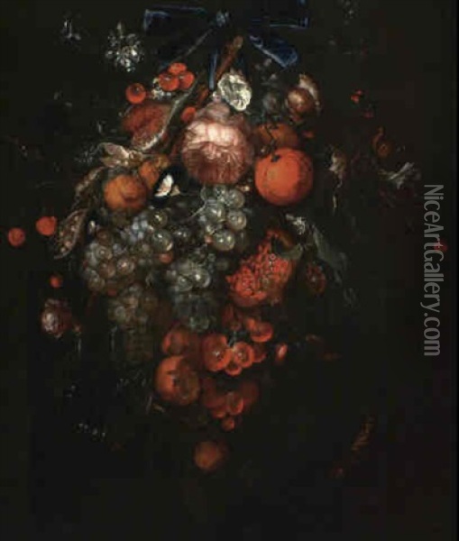Feston De Fruits Avec Roses, Belles De Jour Et Autres Fleurs Oil Painting - Cornelis De Heem