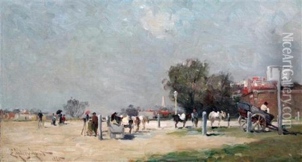 Figures And Donkeys On The Edge Of A Park Oil Painting - Edward Aubrey Hunt