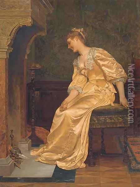 An elegant lady seated before a fire Oil Painting - Continental School