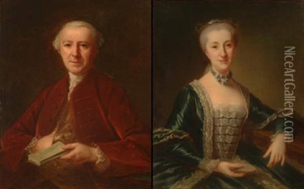 Portrait D'homme Au Livre (+ Portrait De Femme A La Broderie; Pair) Oil Painting - Donat Nonotte
