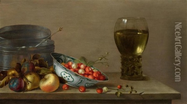 A Still Life With Apples, Plums, A Porcelain Bowl With Strawberries And A Romer With Wine On A Table Oil Painting - Gillis Gillisz. de Berch