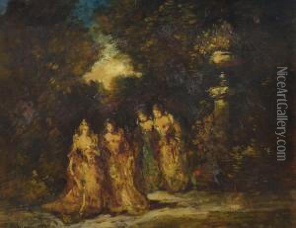 Four Women In A Garden Oil Painting - Adolphe Joseph Th. Monticelli