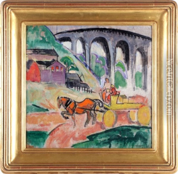Figures On A Horse Drawn Wagon With Bridge Oil Painting - William Sommer