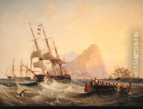 Warships Under Sail at Gibraltar, 1855 Oil Painting - James Wilson Carmichael