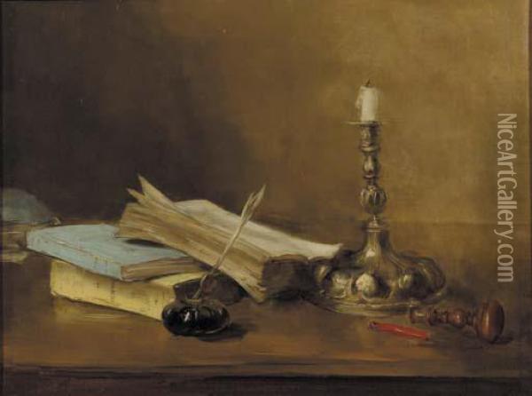 Still Life With Books, An Inkpot And A Laquer Stamp Oil Painting - Antoine Vollon