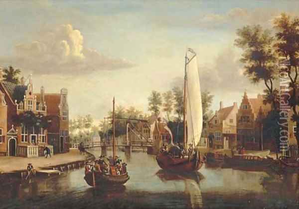 A view of Maarsen, with a ferry and a saling boat on the river Vecht 2 Oil Painting - Jacobus Storck