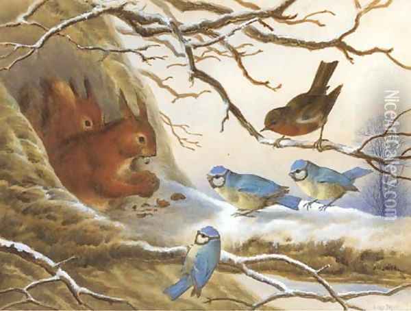 Red squirrels eating nuts on a snow covered branch before an audience of blue tits and a robin Oil Painting - Henry Bright