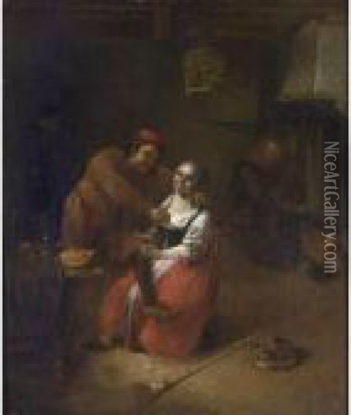 An Amorous Couple In An Inn, 
With A Woman By A Fireplace In The Background, A Broom And A Cat In 
Front Oil Painting - Abraham Diepraam