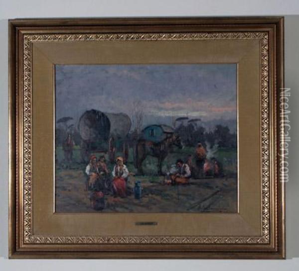 Peasants In A Landscape Oil Painting - Achille De Dominicis