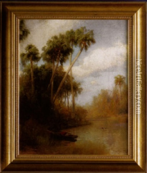 Southern Landscape With River And Canoe Oil Painting - Hermann Herzog