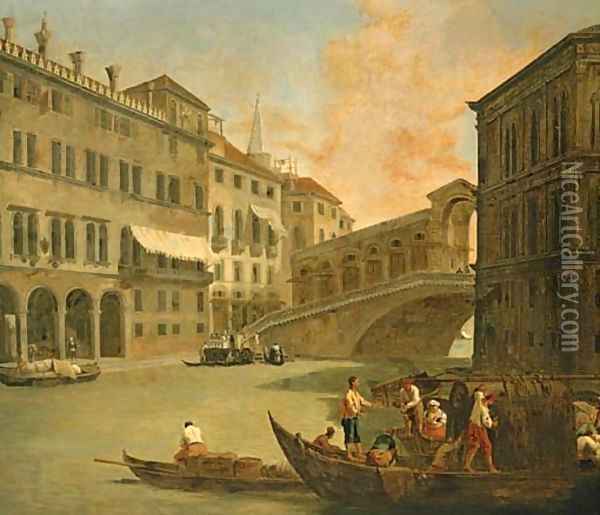Venice, a view of the Grand Canal with the Rialto Bridge from the North Oil Painting - Johann Richter