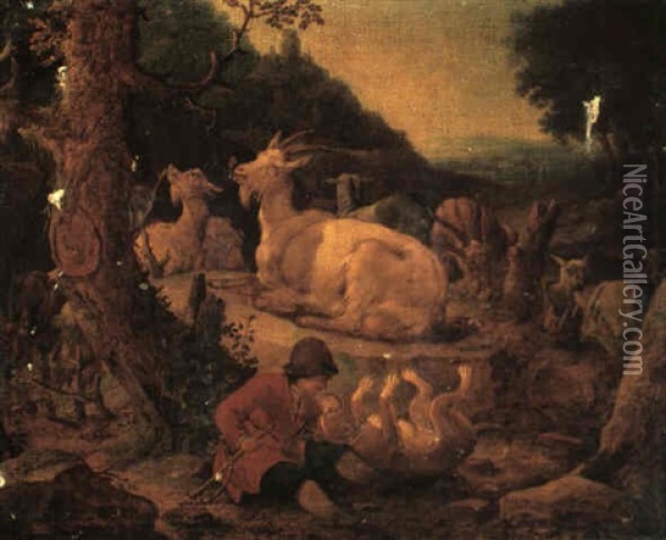 A Goat Herd Playing With His Dog While His Animals Rest     Behind Him Oil Painting - Johann Melchior Roos